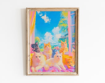 Arte murale digitale con gatti massimalisti, arredamento per dormitori preppy, poster di gatti con estetica retrò, stampa sulla dopamina, arredamento per amanti dei gatti, arte murale stampabile alla moda