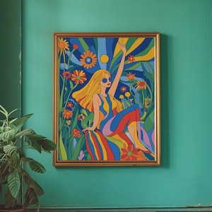 Hippie Poster, Jugendstil Mädchen, Flower Power, Vintage 70er Jahre Wandbild, Funky Wandbild, Groovy Peace Kunst Illustration, Retro Wandkunst