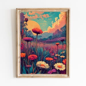 Sunset Wildflower Meadow Printable Wall Art, Colorful Botanical Nature Landscape Digital Download Art, Vibrant Field Flowers Poster Decor
