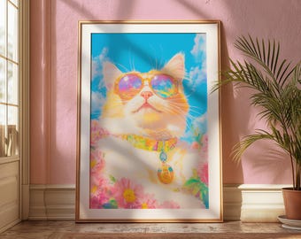 Poster di un gatto massimalista, decorazione murale retrò anni '70 con un gatto, dipinto con estetica preppy, decorazione funky e colorata con un gatto, poster trendy per la stanza del dormitorio, decorazione con dopamina
