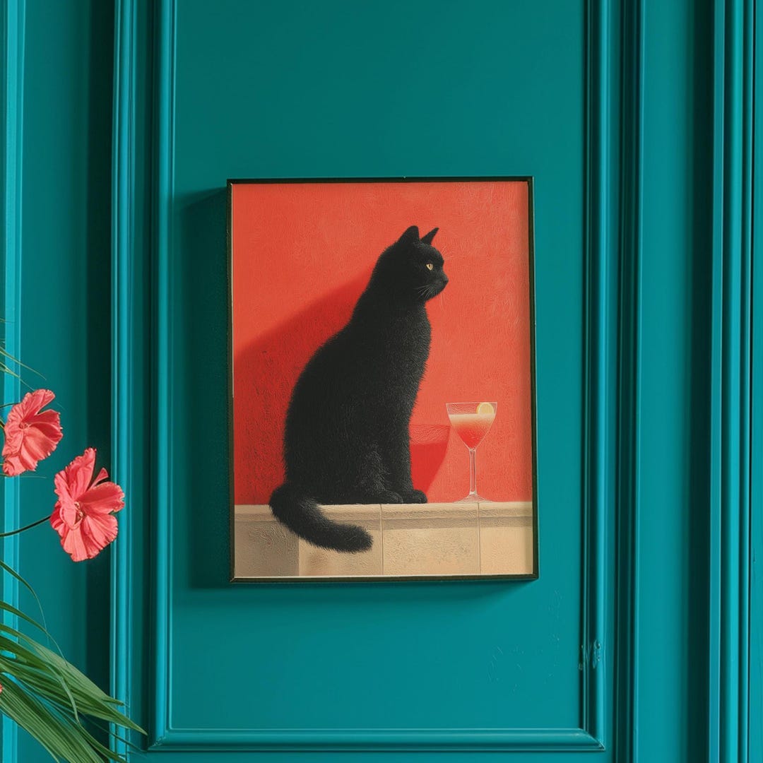 Whimsical Black Cat Cocktail Art Print: Retro Home Bar Decor - Etsy