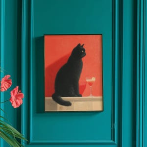 マキシマリストな黒猫のウォールアート、風変わりで気まぐれな猫のカクテルポスター、レトロな室内装飾、美しい猫のプリント、猫好きの方への素敵なギフトアイデア