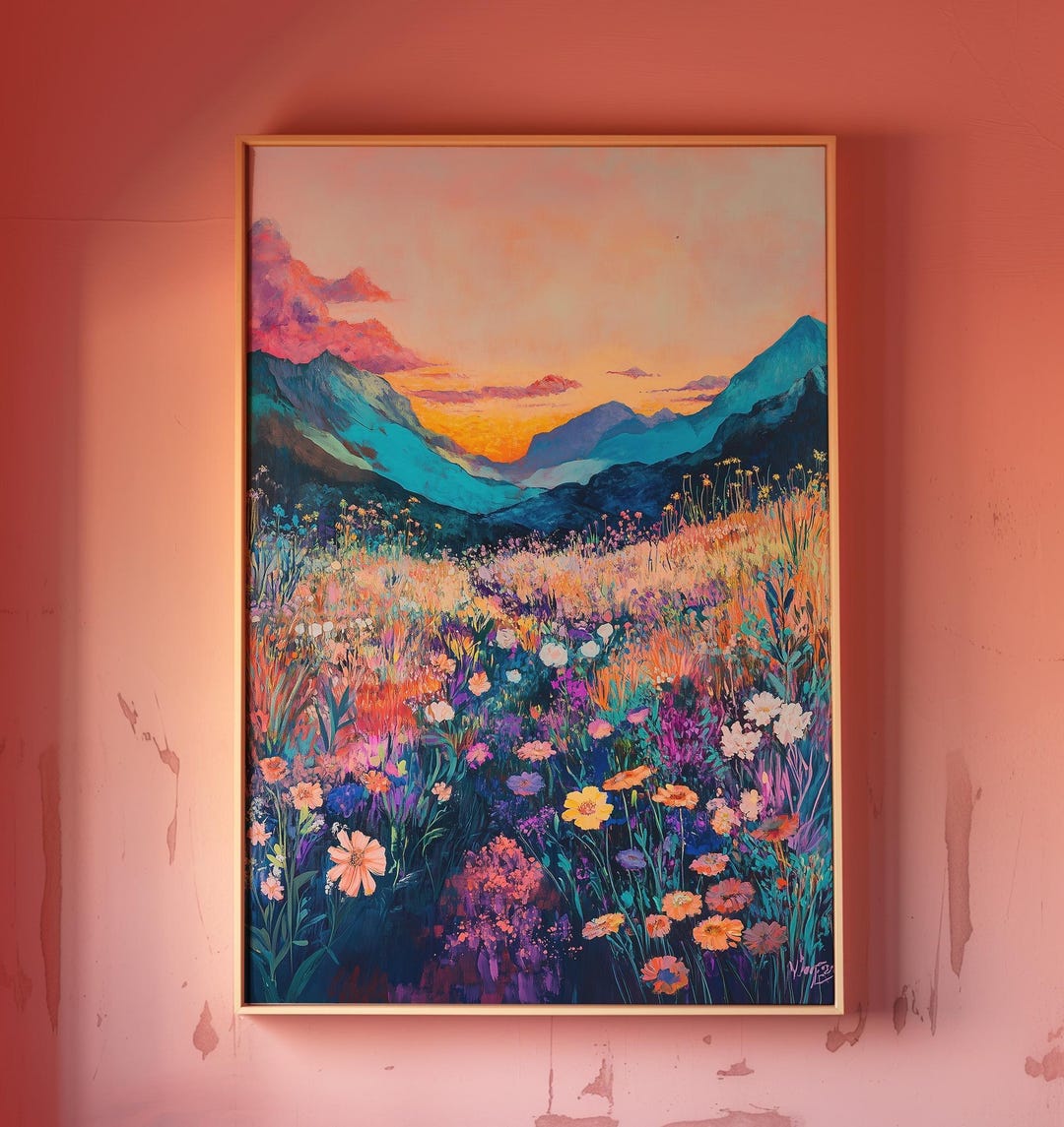 Wildflower Mountain Landscape Art Print: Sunset Meadow Painting - Etsy