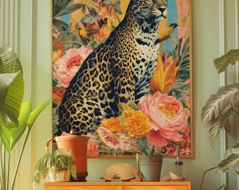 Leopard Art Print: Maximalist Retro Floral Animal Wall Decor