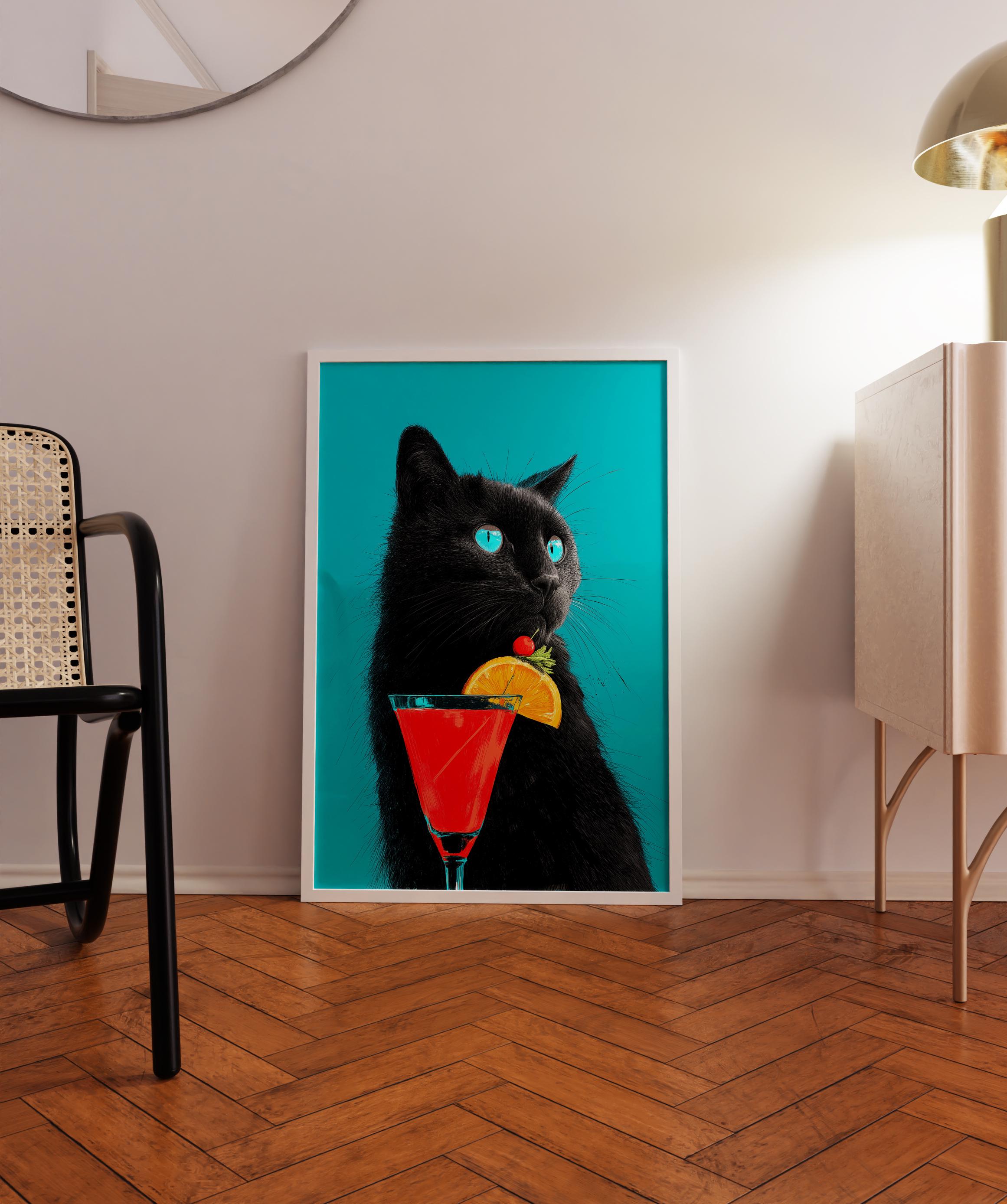 Whimsical Black Cat Cocktail Art Print: Quirky Home Decor - Etsy
