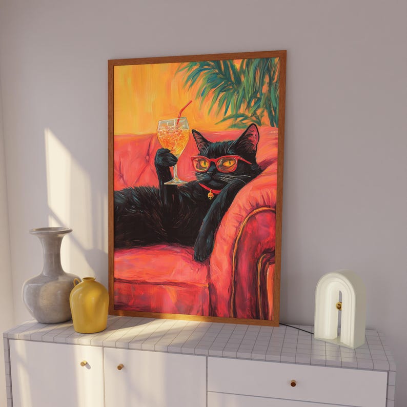 Maximalist Black Cat Cocktail Poster, Retro 70s Aesthetic Wall Art ...