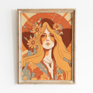 Póster vintage, arte de pared de mujer hippie de los años 70, póster de los años 70, decoración estética de la habitación, póster moderno, arte de pared de inspiración retro, impresión de flores de colores