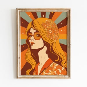 Decoración de habitación estética, arte de pared de chica hippie de los años 70, póster de los años 70, póster moderno, arte de pared de inspiración retro, póster vintage, arte de retrato de mujer de los años 70