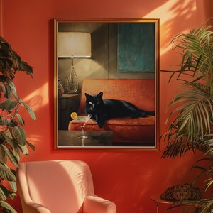 Póster de gato negro, póster de cóctel, decoración retro para el hogar, póster de gato, arte mural para sala de estar, decoración de apartamento, regalo para amantes de los gatos