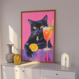 Póster de gato negro, póster de cóctel, decoración del hogar original y caprichosa, arte mural maximalista, estampado divertido de gato, idea de regalo ideal para amantes de los gatos.