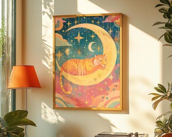 Hemelse tijgerprint: boho-muurkunst maan en sterren