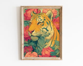 Retro tiger utskrivbar väggkonst, maximalistisk dopaminkonstkollegielägenhet, estetisk djurposter, trendig blommig tiger digital väggkonst