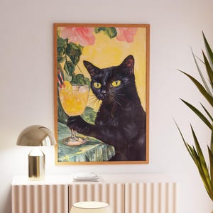 風変わりな猫のデコレーション、黒猫のポスター、気まぐれなカクテルアート、面白い猫のプリント、猫好きの方への素敵なギフトアイデア