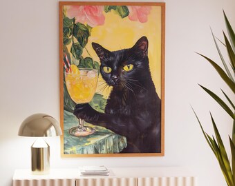 Quirky Black Cat Cocktail Art Print: Whimsical Cat Lover Gift