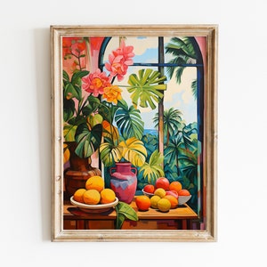 Póster de los años 70, arte moderno colorido de mediados de siglo, impresión artística de plantas y frutas tropicales, pintura de naturaleza muerta