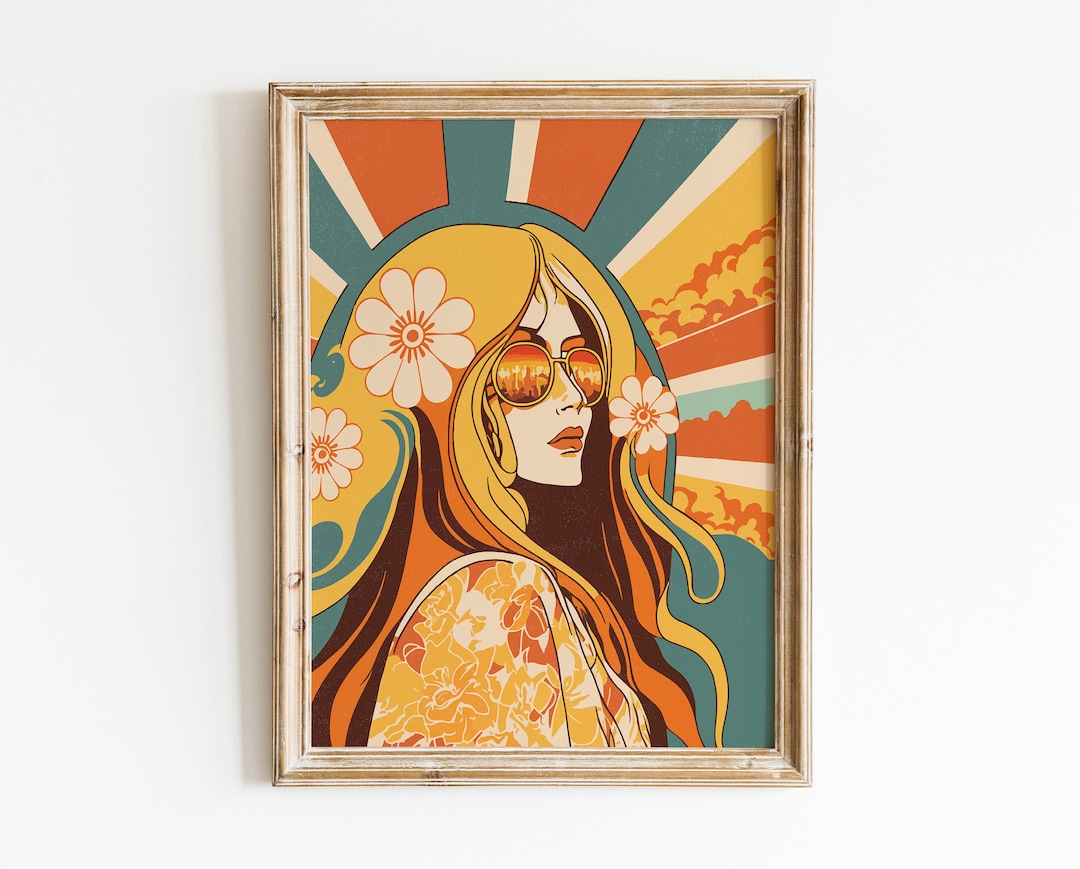70s Poster, Hippie Woman Wall Art, Aesthetic Room Decor, Groovy Wall