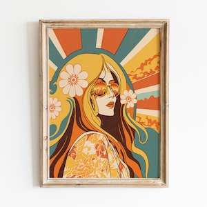 Póster de los años 70, arte de pared de mujer hippie, decoración estética de la habitación, arte de pared moderno, decoración del hogar retro de los años 70, póster vintage, impresión de flores de colores
