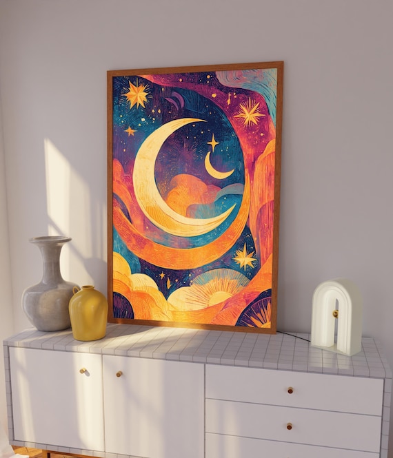 Crescent Moon Art Print: Hand Drawn Celestial Landscape - Etsy