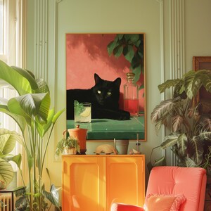 Lámina de arte maximalista de gato negro, póster de cóctel caprichoso, decoración de gato peculiar, arte de pared estético para apartamento, idea de regalo adorable para amantes de los gatos