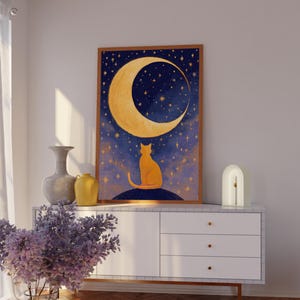Himmlische Katze und Mond Wandkunst, niedlicher Sternennacht Druck, verträumtes ästhetisches Dekor, witchy niedlicher Druck, gemütliches Kinderzimmer Poster, Schlafzimmerdekor