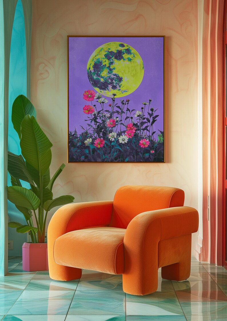 Retro Aesthetic Moon Poster, Colorful Unique Moon Print, Mystical Moon