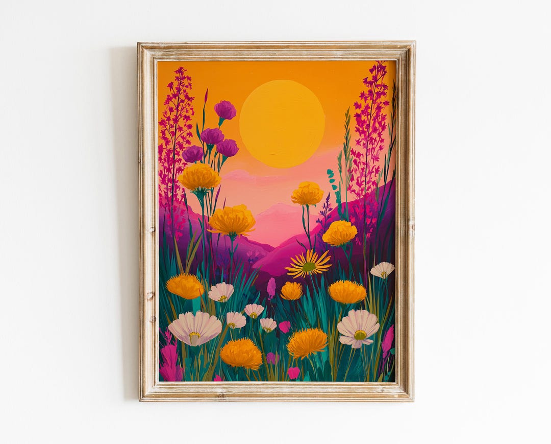 Sunset Wildflower Field Printable Oil Painting Wall Art, Vibrant Floral ...