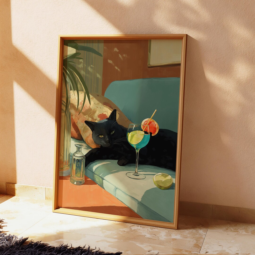 Black Cat Cocktail Art Print: Retro Mid-century Modern Wall Decor - Etsy