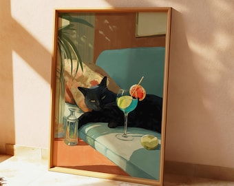 Black Cat Cocktail Art Print: Retro Mid-Century Modern Wall Decor