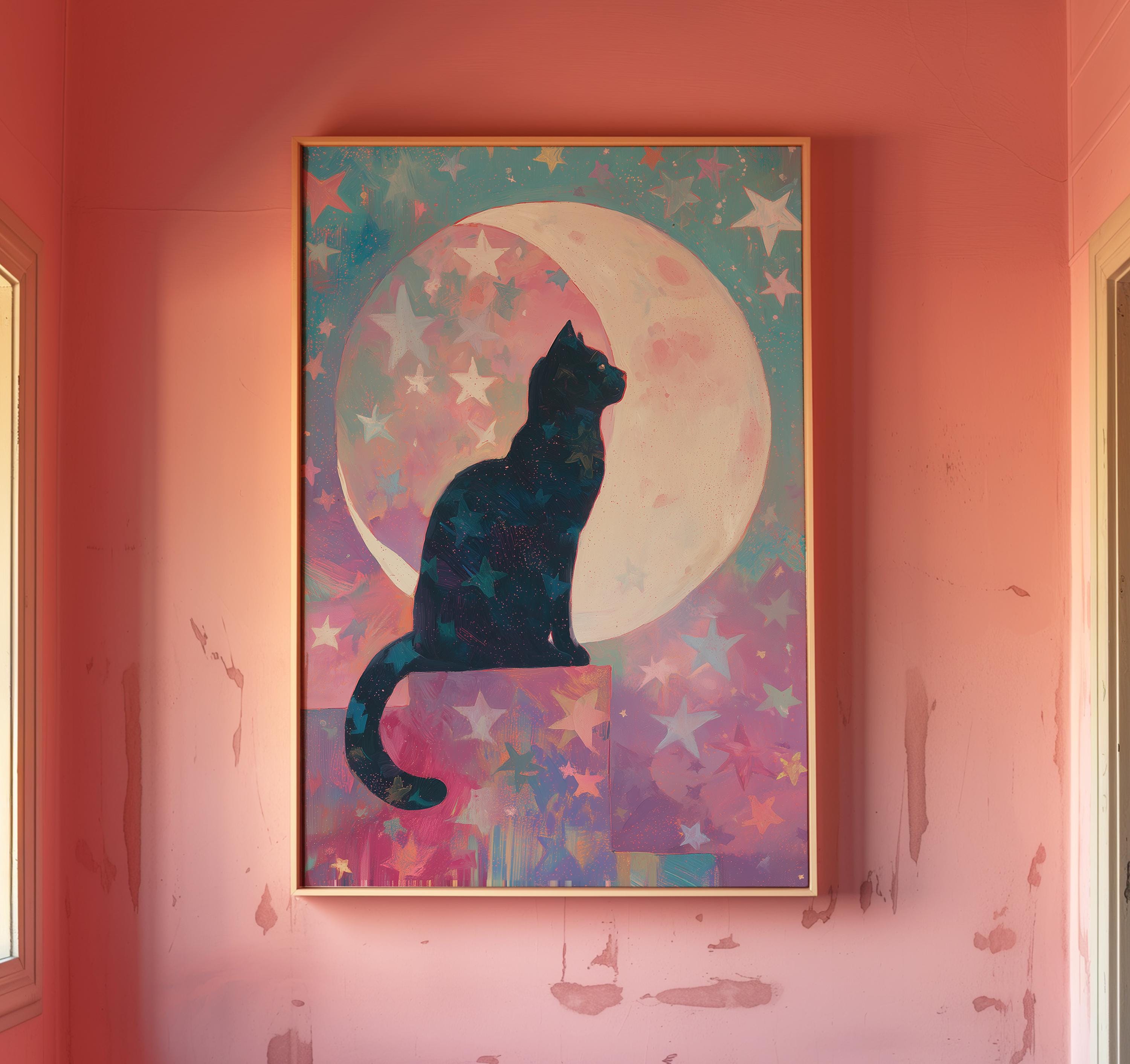 黒猫の月プリント：天空の星空ウォールアート - Etsy 日本