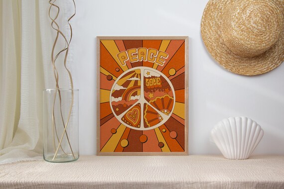 Peace and Love Poster: 70s Retro Hippie Art Print (digital