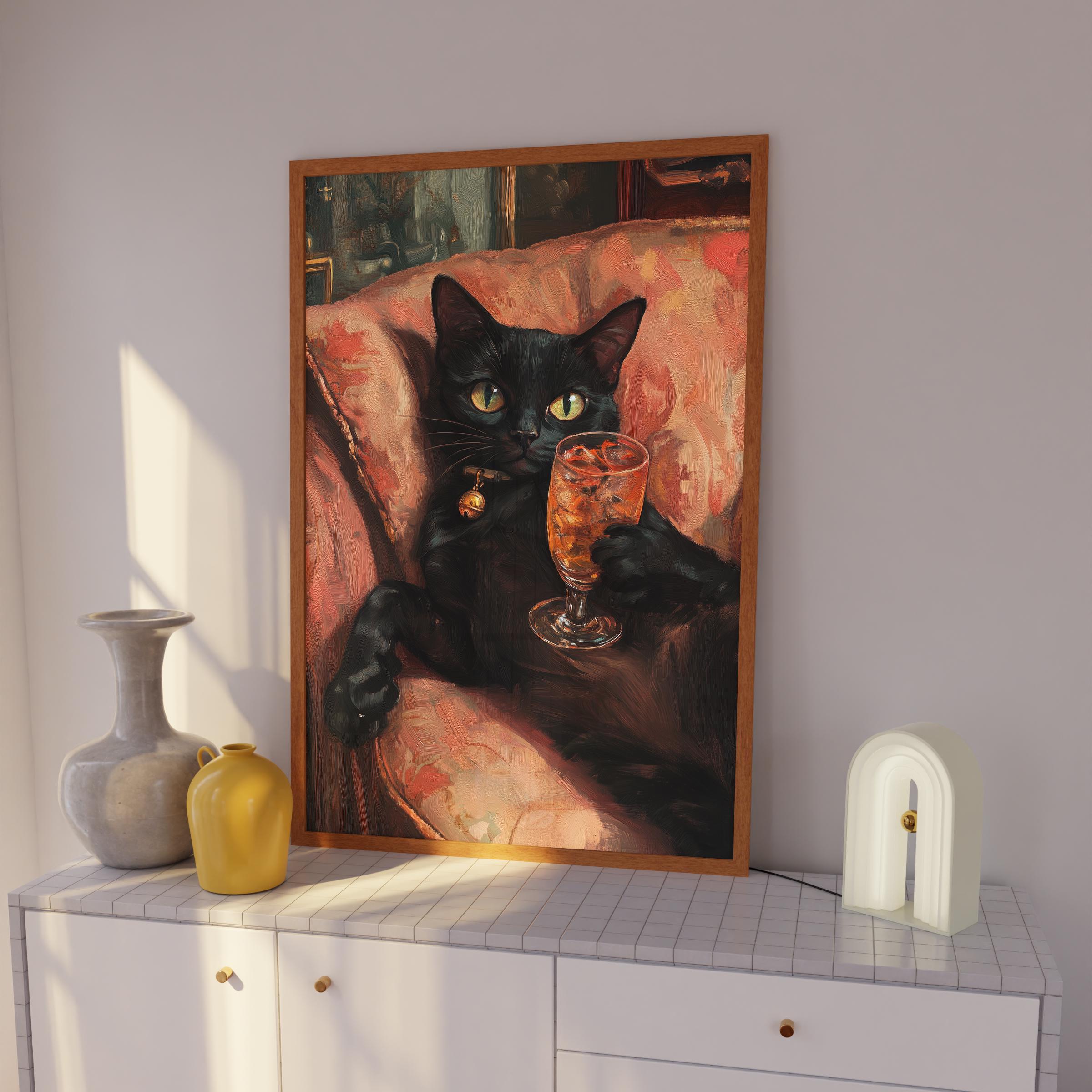 Black Cat Cocktail Art Print: Vintage Chic Maximalist Decor - Etsy