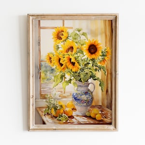 Girasoles Vintage Moody Still Life Painting / Retro Still Life Print / Impresiones digitales modernas de mediados de siglo, arte de pared imprimible, decoración de los años 70