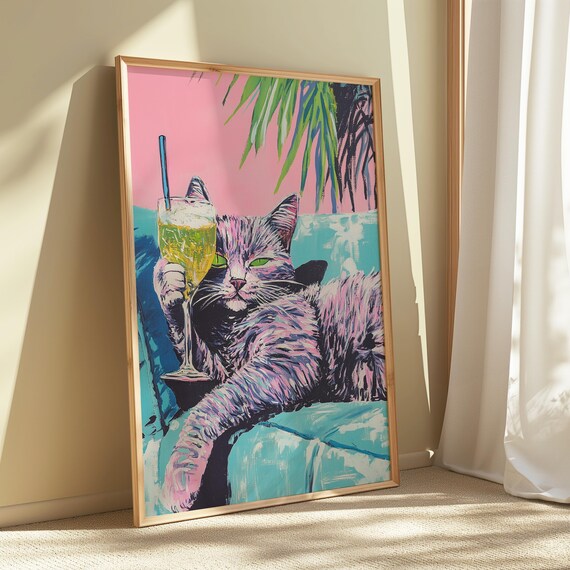 Cat Cocktail Art Print: Retro Maximalist Dopamine Decor - Etsy
