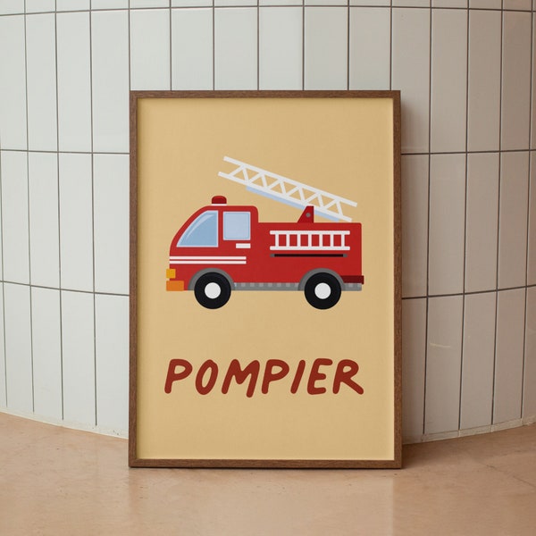 Affiche murale enfant, "Pompier", affiche camion de pompier, décoration murale enfant, cadeau enfant, décoration chambre enfant