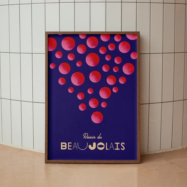 Affiche A3 Raisin du Beaujolais vin typographie minimaliste abstrait Décoration de bar cuisine