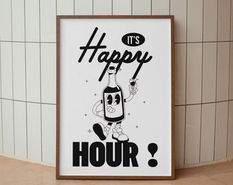 Affiche murale apéro, "Happy Hour", affiche vin, illustration rétro, décoration murale, affiche cuisine, affiche bar, poster pop rétro