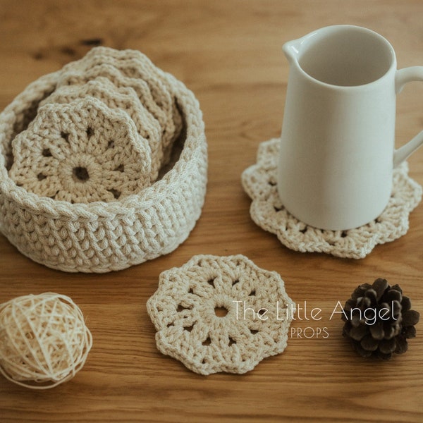 BASKET & 6 + 1 COASTERS, ecru gold thread, boho crochet coasters set, christmas decorating pads, boho table decoration, woven basket