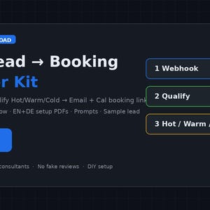 May include: A digital download titled n8n Lead to Booking Starter Kit. The graphic features a workflow list: 1 Webhook, 2 Qualify, and 3 Hot / Warm / Cold. Text includes Webhook, Qualify Hot/Warm/Cold, Email + Cal booking link, Importable workflow, EN+DE setup PDFs, Prompts, Sample lead, and For solopreneurs & consultants, No fake reviews, DIY setup.