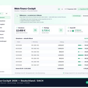 Könnte beinhalten: Ein digitales Finanz-Dashboard mit dem Titel Mein Finanz-Cockpit, das eine Seitenleiste mit Navigationsoptionen wie Einnahmen und Ausgaben sowie eine Haupttabelle mit Einnahmen, Rechnungsnummern, Beträgen in Euro und Rücklagen anzeigt.