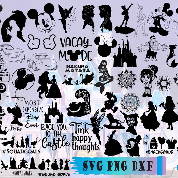 100 Bundle SVG Png DXF Eps Cricut Imprimable Clipart Silhouette, Souris SVG, Château SVG, DisneyWorld SVG