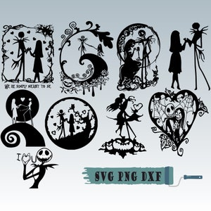 May include: Black and white silhouette cut files of Jack Skellington and Sally from the Nightmare Before Christmas movie. The designs include various poses of the couple, including a heart-shaped design with a spiderweb and a design with the text "We're simply meant to be".