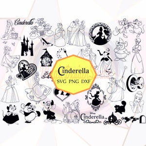 May include: A collection of black and white Cinderella-themed illustrations, including Cinderella, Prince Charming, mice, a pumpkin, a carriage, and a clock. The text "Cinderella SVG PNG DXF" is also included.