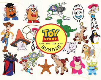 May include: A colorful set of Toy Story character SVG cut files. The characters include Woody, Buzz Lightyear, Jessie, Mr. and Mrs. Potato Head, Rex, Hamm, Slinky Dog, Bullseye, Bo Peep, and more. The text "Toy Story SVG PNG DXF EPS Bundle" is in a yellow circle.