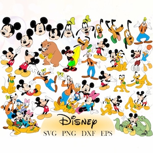May include: A colourful illustration featuring various Disney characters, including Mickey Mouse, Minnie Mouse, Donald Duck, Goofy, and Pluto. The characters are depicted in various poses and expressions, with some holding objects such as a surfboard, a basketball, and a dog bone. The illustration is set against a white background and includes the text "DISNEY SVG PNG DXF EPS".