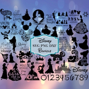 50+ Bundle Mickey svg png dxf Dateien für Cricut oder Silhouette Clipart, MickeySvg, Prinzessinnen svg, Disneyland Schloss svg