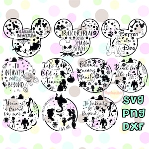 May include: A set of 10 black and white Disney character themed SVG cut files. The designs include Mickey Mouse ears with various Disney quotes and characters. The quotes include "Hakuna Matata", "Trick or Treat Down Main Street", "Life is Better with a Dog", "To Infinity and Beyond", "Tale as Old as Time", "Ohana means Family", "Reach for the Sky", "You've got a friend in me", "You ain't never had a friend like me", and "To Infinity and Beyond".