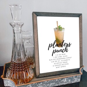 May include: A framed printable sign with a recipe for a Planters Punch cocktail. The recipe includes 1.5 oz rum, 1 oz lime juice, 3/4 oz Demerara syrup, 1/4 oz St. Elizabeth Allspice Dram, 2 dashes bitters, and a mint sprig.