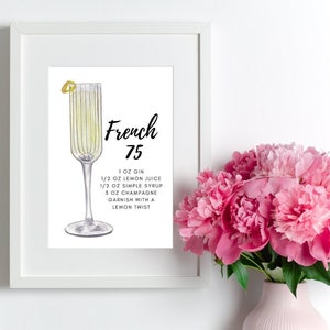 French 75 cocktail | Instant Download | drink recipe | bar sign | Cocktail print | Signature Cocktail | bar decor | Printable | bar cart art