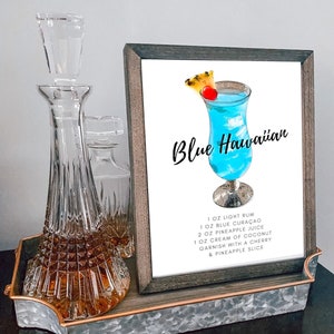 Blue Hawaiian drink recipe | Instant Download | tropical drink sign | Cocktail print | Tiki Cocktail | Signature Cocktail | bar decor