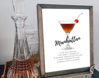 Manhattan whiskey cocktail | Instant Download | drink recipe | bar sign | Cocktail print | Signature Cocktail | bar decor | Printable